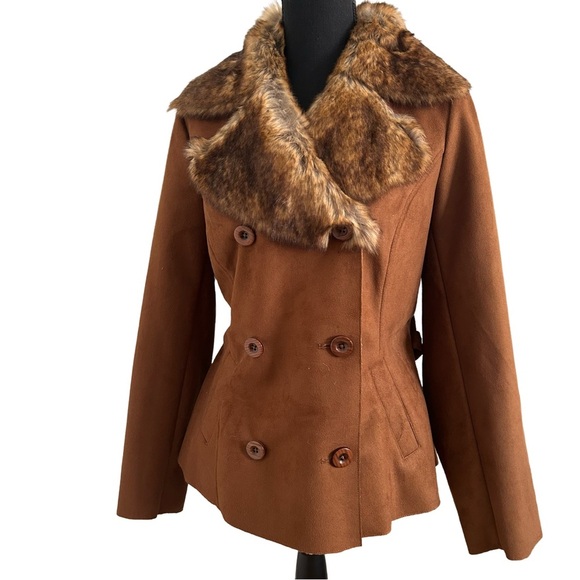 Chico's Tan Pea Coat with Faux Fur Collar. Chico’s Size 1 (8-10 Medium) - Picture 1 of 6